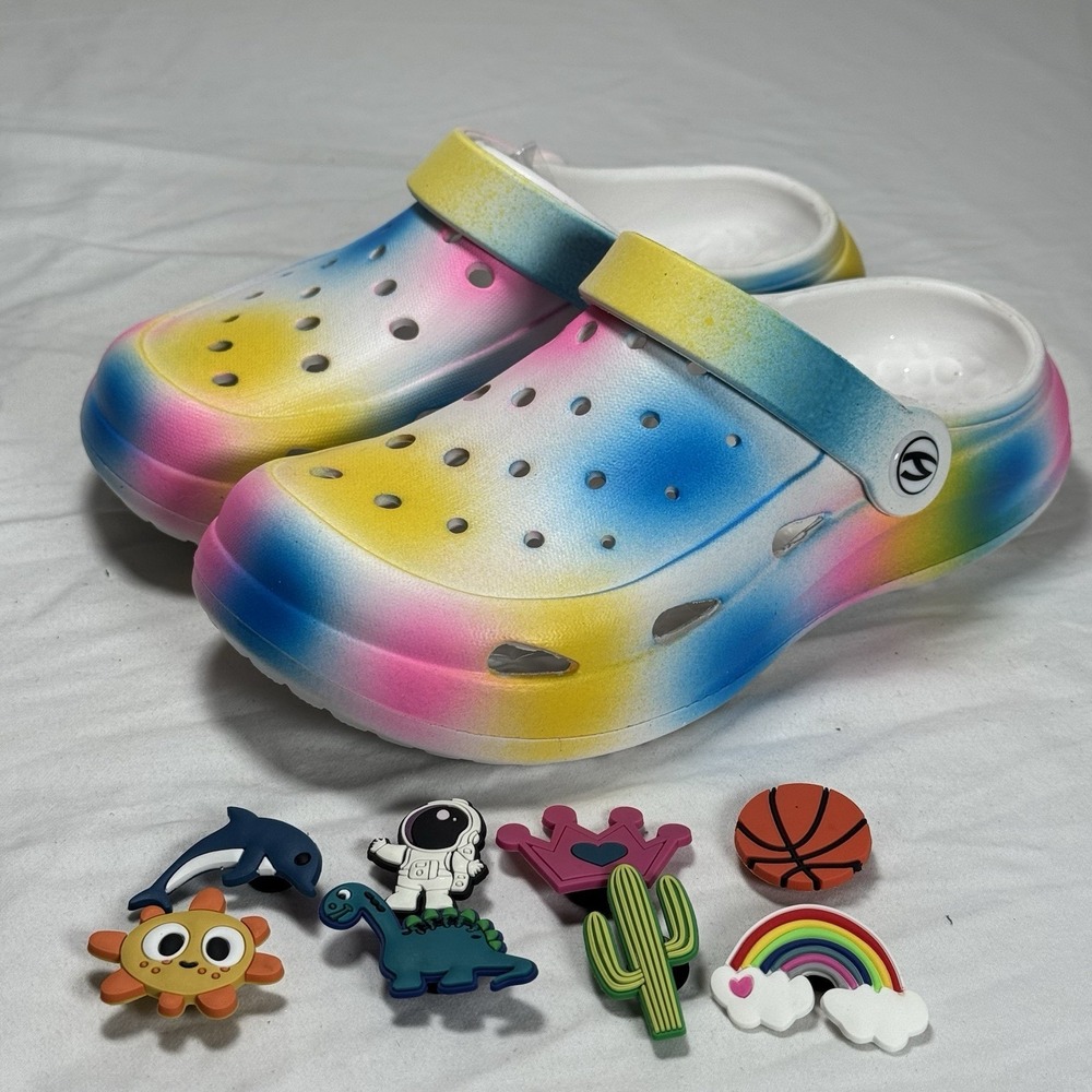 Kids Tie Dye Clogs Withโ Charms Size US 1 EU 33 Slip On Sandals Rainbow